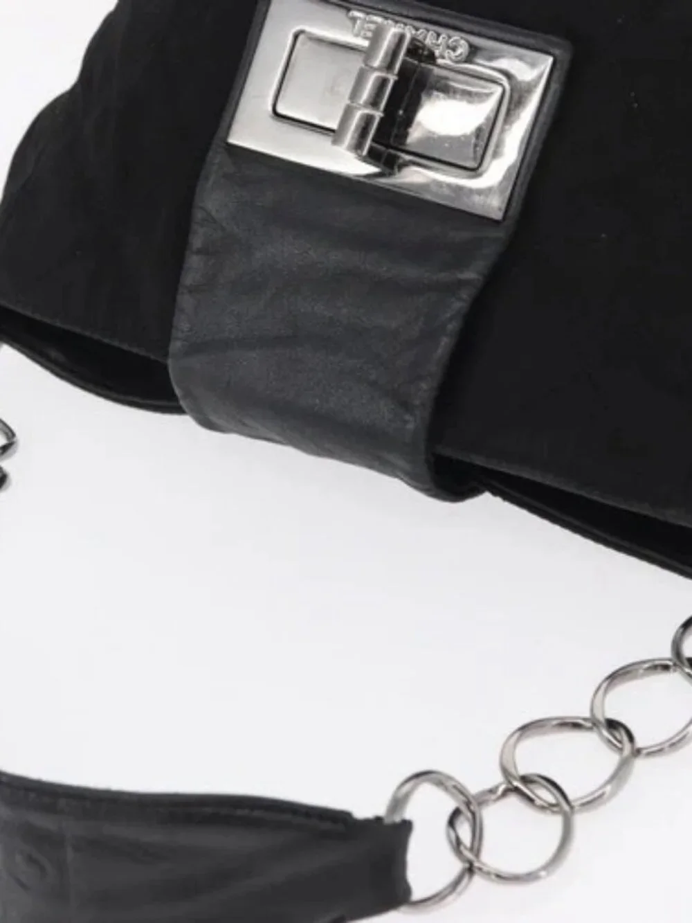 CHANEL Chain 2.55 Shoulder Bag Nylon Black Silver CC Auth 164361